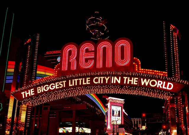 Downtown Reno arch lit up at night